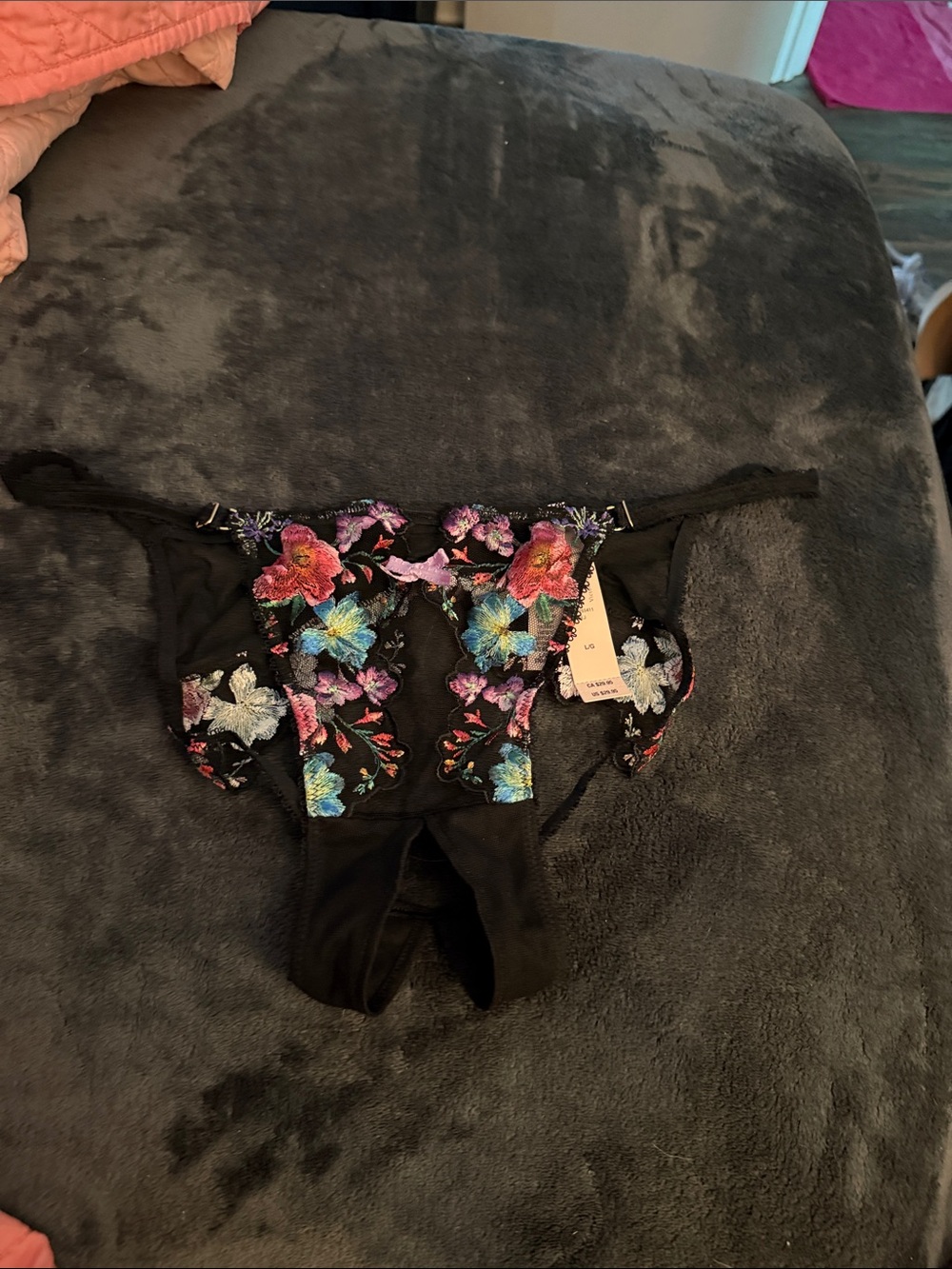 Victoria's Secret Black Floral Embroidered Thong Sz: L